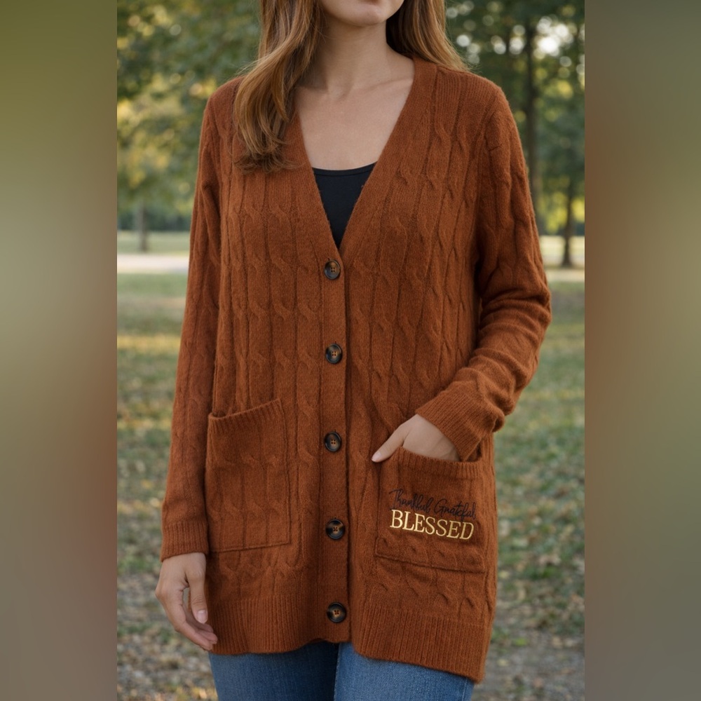 Cozy Rust Cable Knit Cardigan